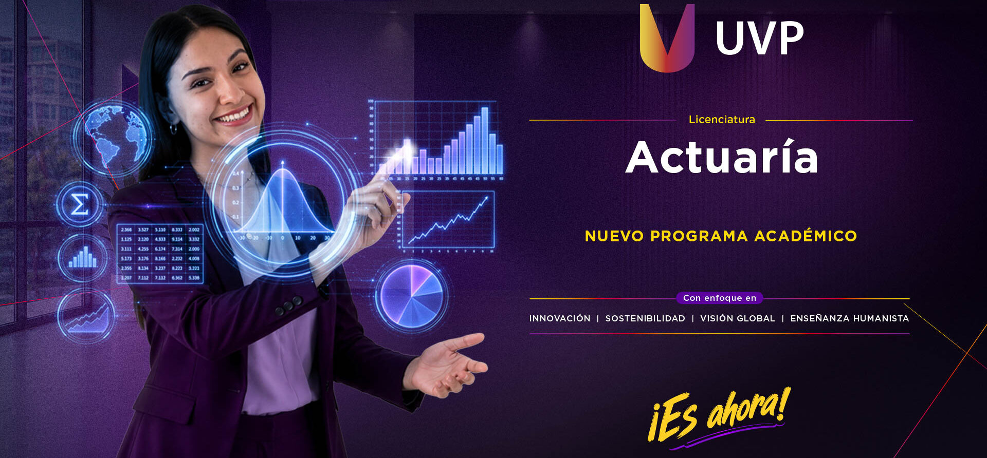 Nueva oferta académica UVP en Actuaría, con estudiante analizando gráficas, estadísticas y datos financieros digitales
