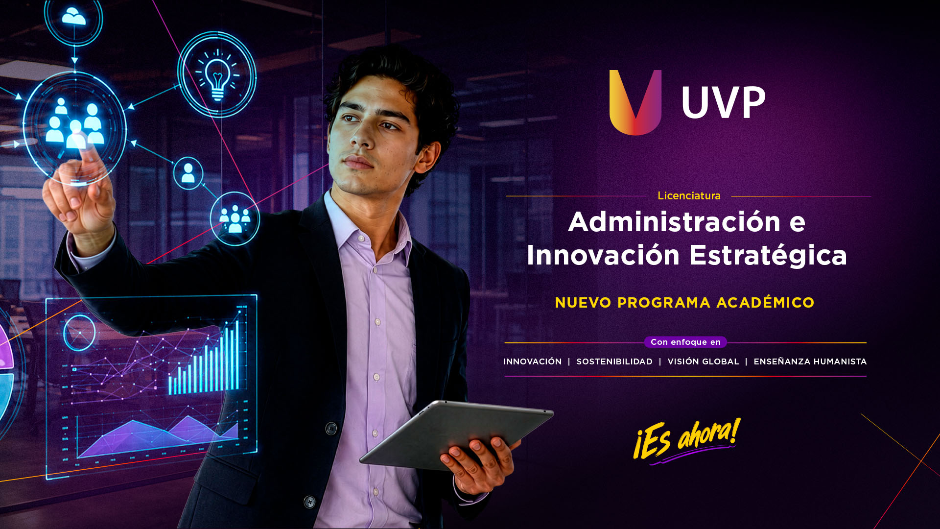 Nueva oferta académica UVP en Administración e Innovación Estratégica, con estudiante frente a indicadores de negocios